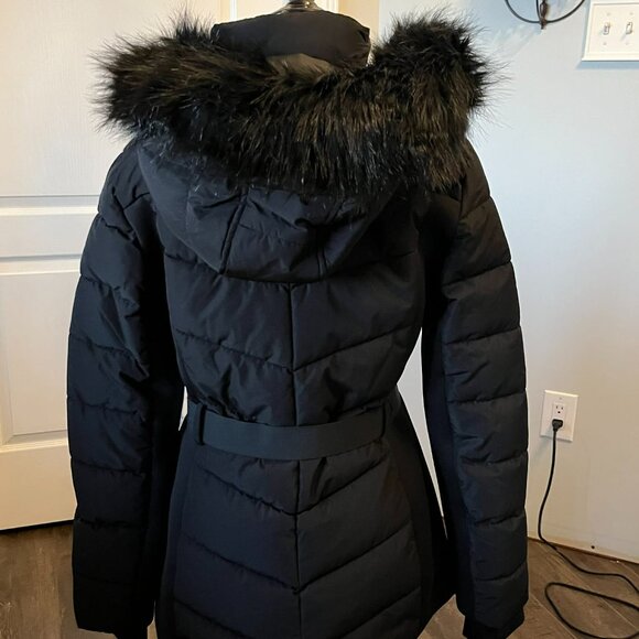 London Fog Women's Belted Puffer Jacket with Removable Faux Fur Hood Black Small - Picture 3 of 10